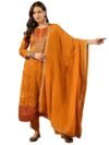 Vaamsi Women's Mustard Silk Ikat Straight Woven Kurta Pant With Dupatta Set | Straight Kurta Set For Women | Woven Salwar Suit For Women
