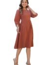 Women's Rust Orange Pure Cotton Solid Fit & Flare Dress