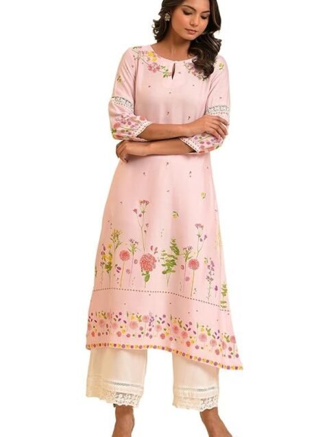 W for Woman Light Pink Floral Printed Summer Kurta