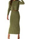 Women's Fall 2 Piece Sweater Set Rib Knit Long Sleeve Crop Top Maxi Bodycon Skirt Casual Winter Outfits