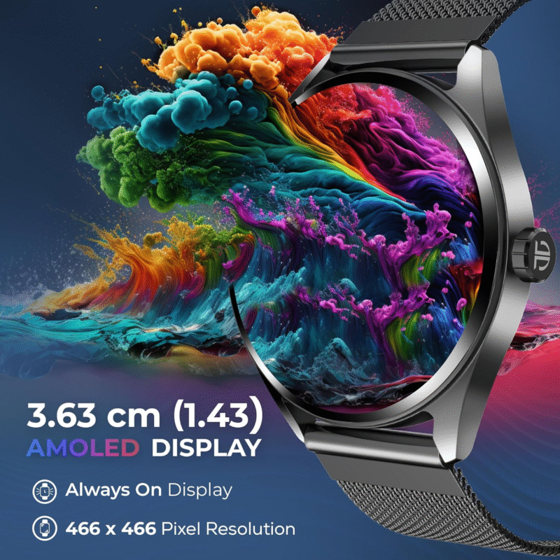 Titan Crest 1.43” AMOLED Smart Watch with BT Calling, AI Morning Briefs, Functional Crown, Health Tracking, Aluminium Body, 100+ Sports Modes, Smartwatch for Men and Women - Black Silicone Strap - Image 7